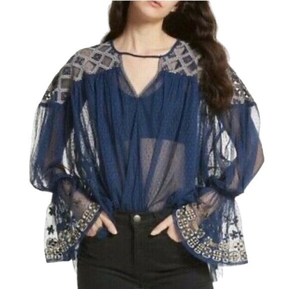 Free People Joyride Sheer Navy Bohemian Tulle Embroidered Top Size S - Picture 5 of 14